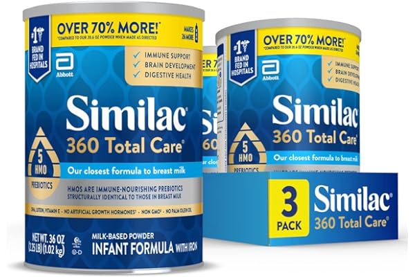 Similac 360 Total Care Baby Formula Powder, Exclusive 5 Prebiotic Blend | Infant formula designed to support baby’s immune system, brain development & digestive health, in 36 oz value-size can, 3 pk