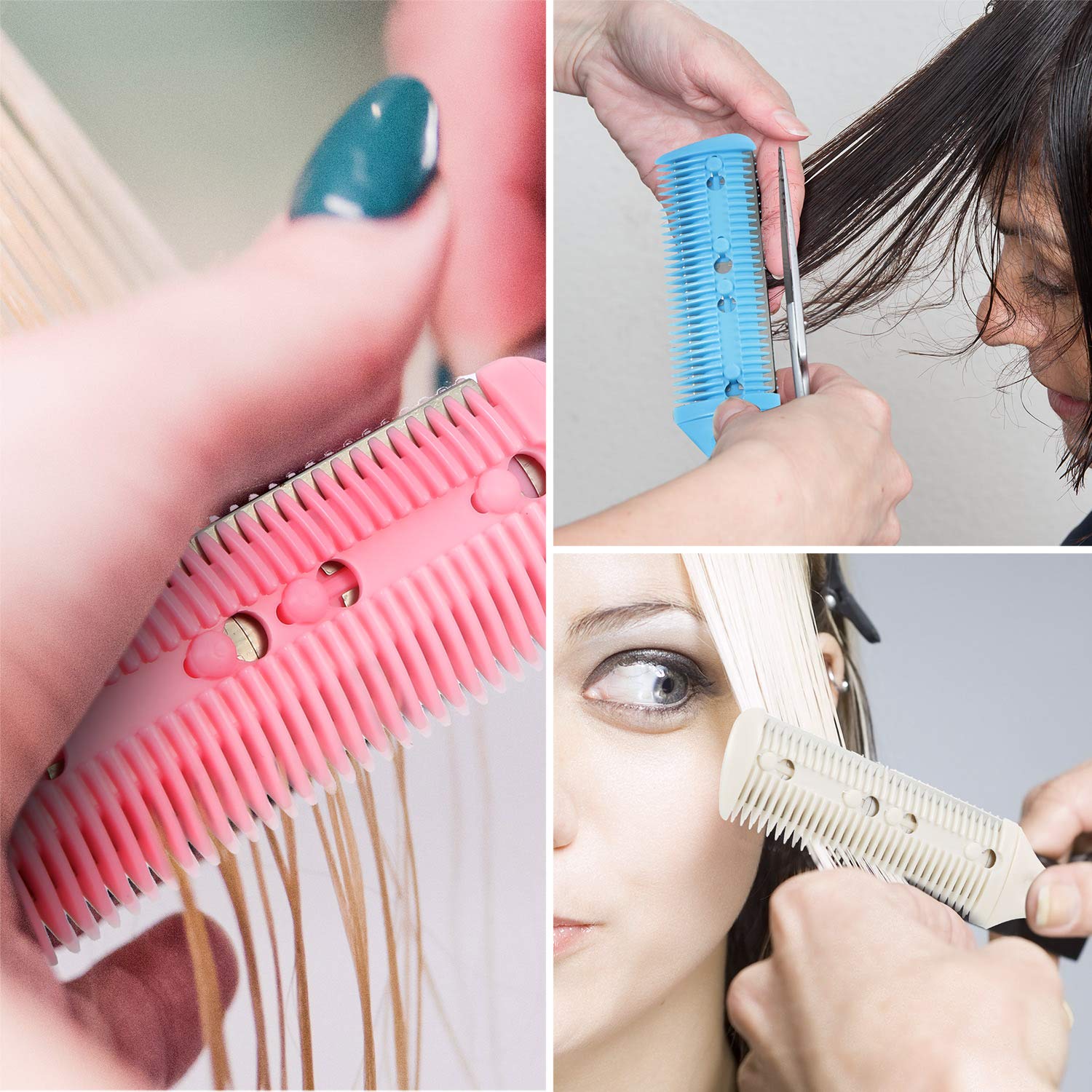3 Pieces Razor Comb with 10 Pieces Razors, Hair Cutter Comb Cutting Scissors, Double Edge Razor, Hair Thinning Comb Slim Haircuts Cutting Tool (White, Pink, Blue) : Beauty