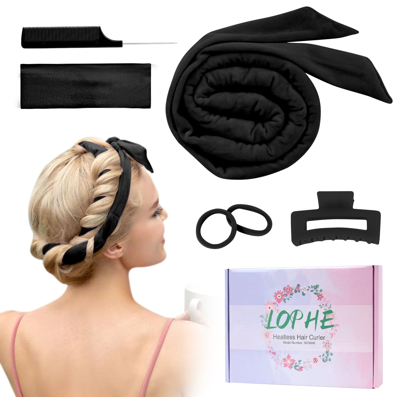 LOPHE Heatless Curlers Headband, No Heat Wave Curls for Sleeping, Overnight Hair Curling Set With Clip Styling Tools, Soft Velour Curling Rod for Long Medium Hair