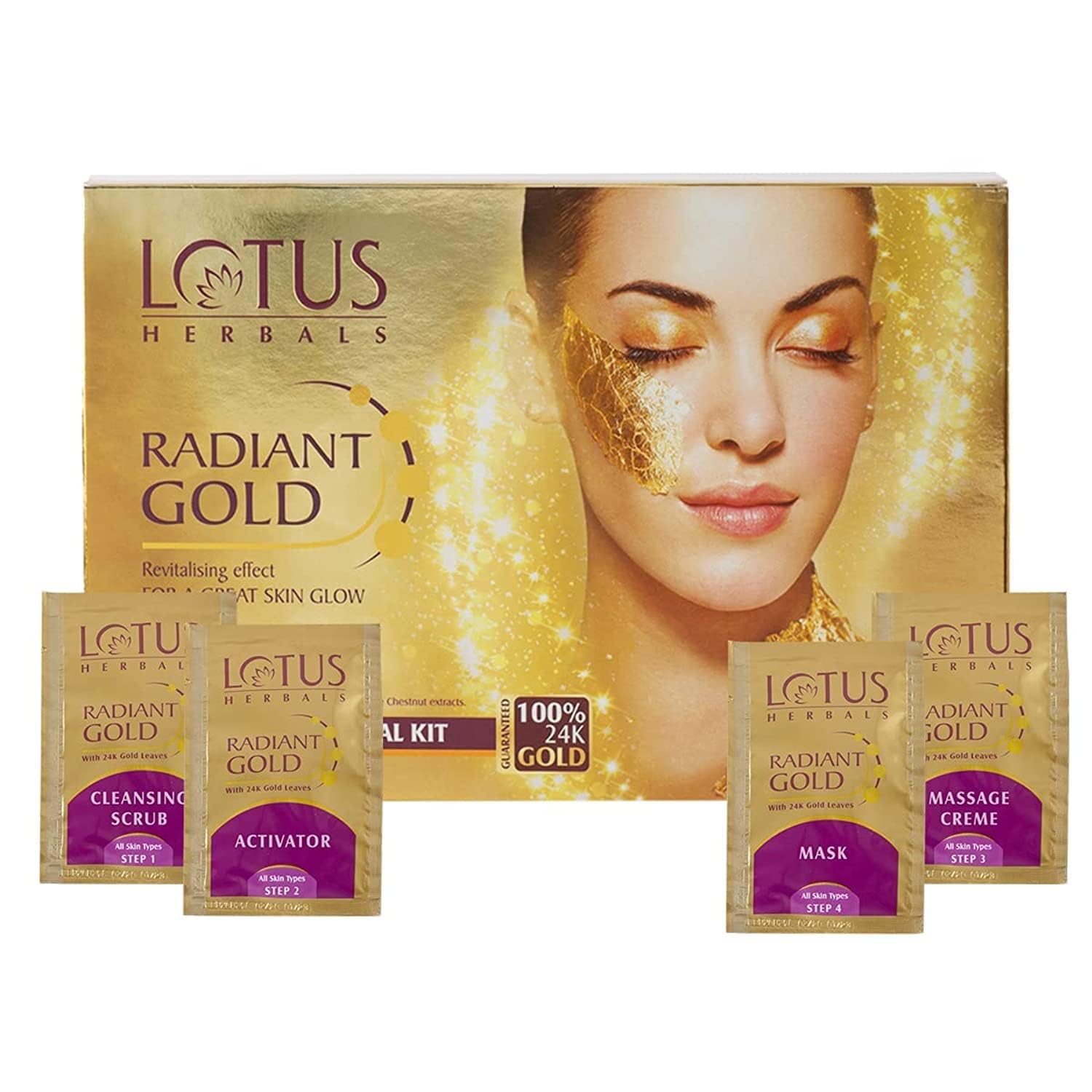 Lotus Herbals Radiant Gold Facial Kit For Instant Glow With 24K Pure Gold & Papaya,4 Easy Steps (Single Use)