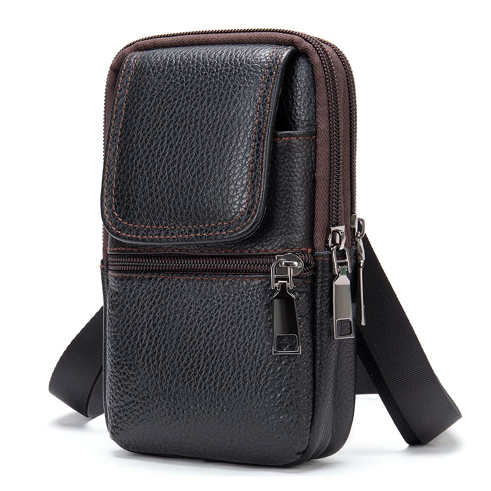 Leather Belt Case for Mobile Phone, Leather Shoulder Bag for Men, Vertical Small Phone Holder Belt Man Satchel for Smartphone Pouch Waist Bag Wallet Shoulder Bag