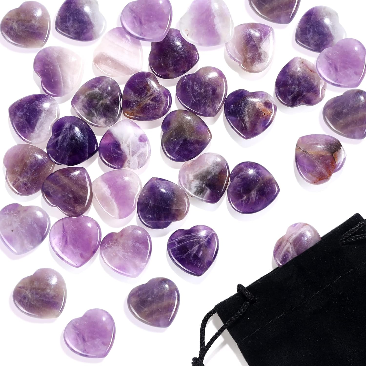 Indoor Fountains & Accessories - 24 Pcs 0.8 Inches Rose Quartz Crystal Heart Love Stones Amethyst Aventurine Tiger Eye Stones Love Carved Palm Worry Stone with Black Flannelette Bag for Reiki Balancing Wedding (Purple)