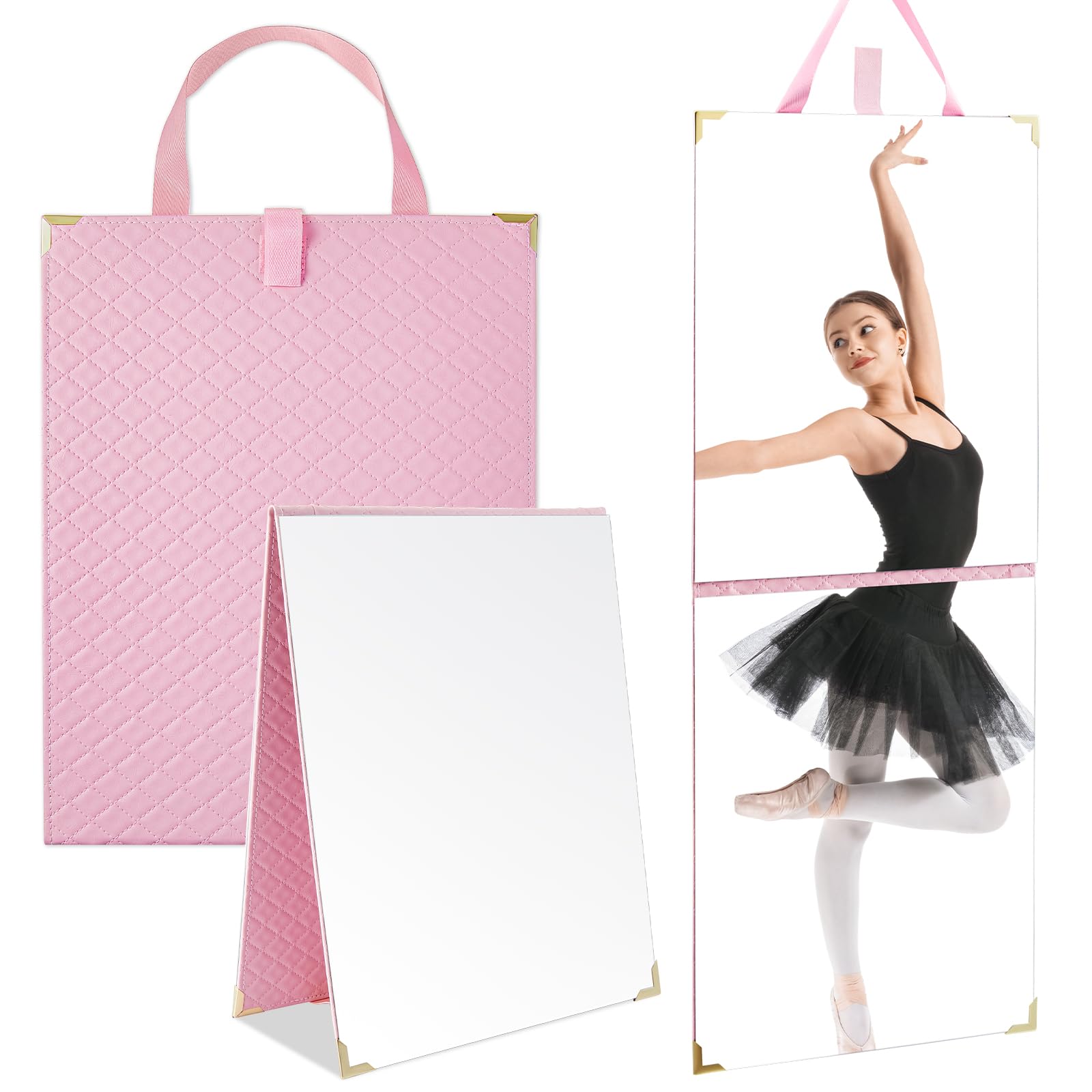 Photo 1 of Chunful Frameless Travel Hanging Mirror Leather Foldable Full Length Backstage Makeup Mirror with Handle for Travel Dance Competition Home Fitness Gift(Pink,33.07 x 12.99 Inches)