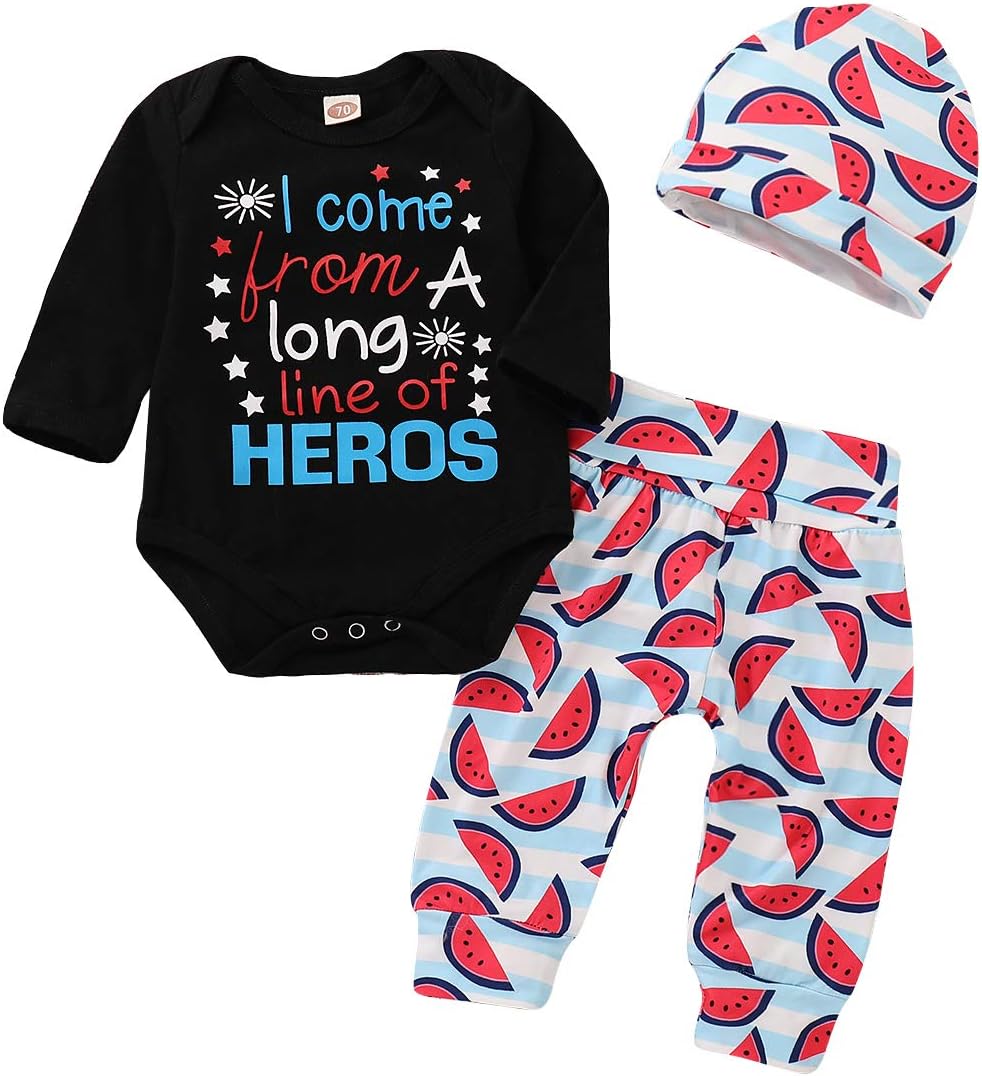Baby Girl Boy Watermelon Pants Set Long Sleeve Romper Striped Pants with Hat 3Pcs Clothes