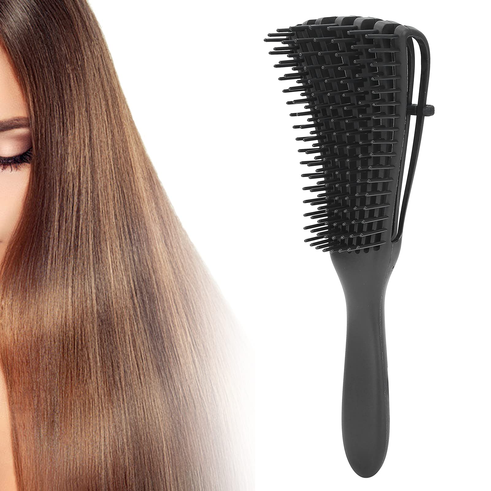 Professional Detangling Brush - 8 Rows Elastic Ultra Soft Rubber-Handled Brush for Curly Thick Straight Wet & Dry Use - Black