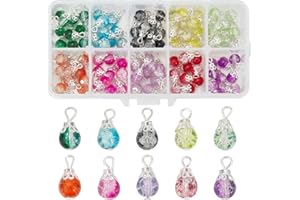 PH PandaHall 100pcs Crystal Dangle Charms, Crackle Glass Drop Beads Charms 10 Color Dangle Bead with Silver Bead Cap Drops Beads Charms Pendants for Jewelry Making Necklace Earring