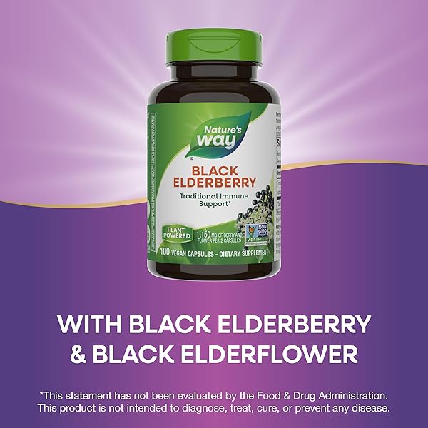 NATURE’S WAY BLACK ELDERBERRY CAPSULES, TRADITIONAL IMMUNE SUPPORT* SUPPLEMENT WITH ELDERBERRY AND ELDERFLOWER, PLANT POWERED, 100 CAPSULES (PACKAGING MAY VARY)