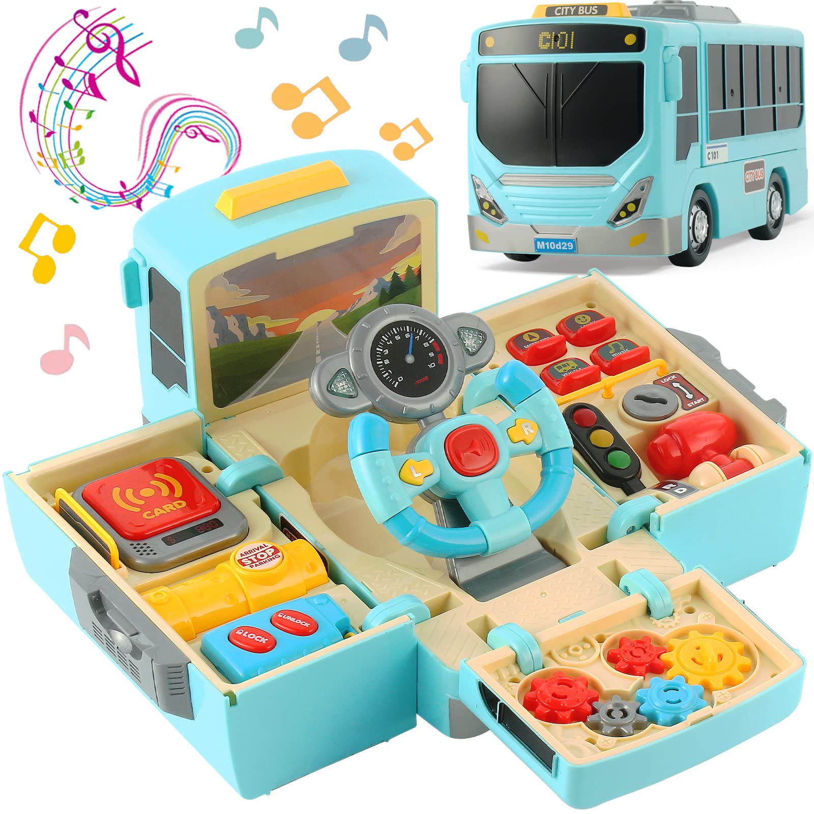 Photo 1 of HONGTUO Bus Toy with Sound and Light, Simulation Steering Wheel Gear Toy, Toddlers Bus Toys with Music Education Knowledge Simulation Driving Bus Toys, Gift for 1-3-5 Boys & Girls
