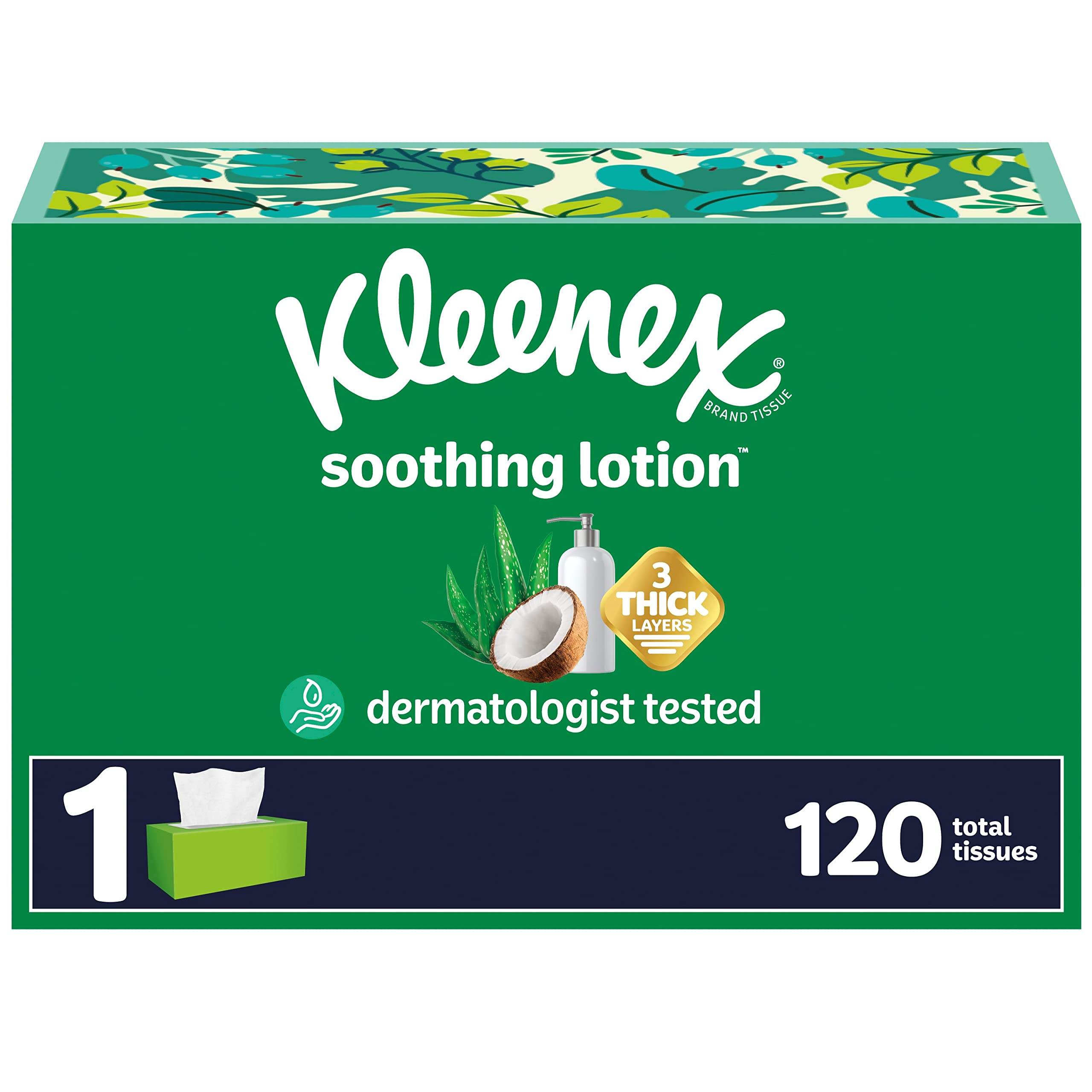 Photo 1 of ** BOX IS DAMAGED** Kleenex Soothing Lotion Facial Tissues with Coconut Oil, Aloe & Vitamin E, 1 Flat Box, 120 Tissues per Box, 3-Ply (120 Total Tissues)