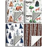 4 Pack Soft Woodland Baby Blankets(30“X40 for Unisex Girls or Boys Breathable Gender Neutral Nursery Double Layer Blankets with Dotted Backing and Animals Printed for Newborn Toddlers (Animal Print)