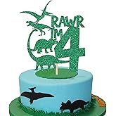Funny Dinosaur Themed Cake Topper - Green Glitter "Rawr I'm 4" Decorations for a Four-Year-Old's Birthday Party