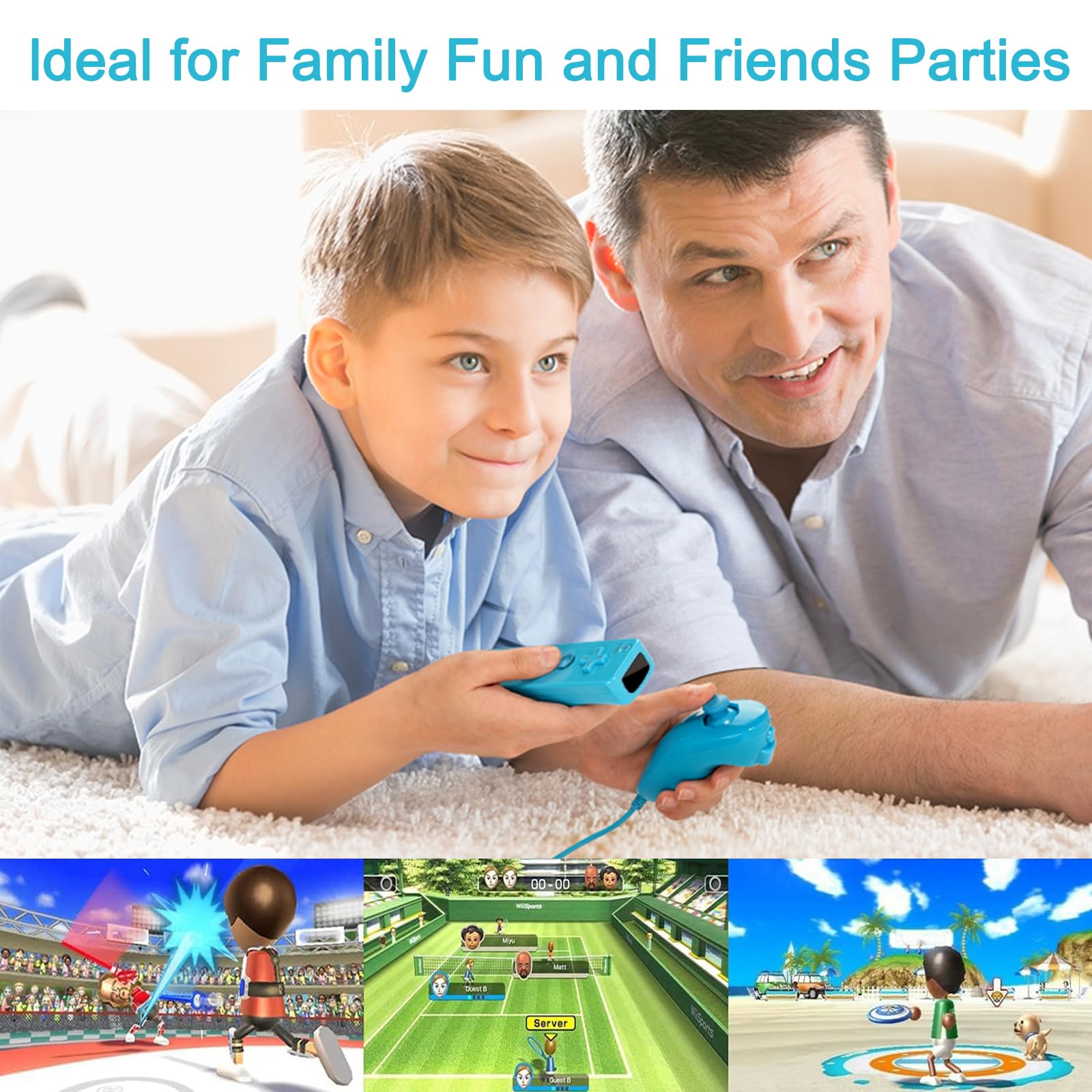 Compatible with Nintendo Wii Controller, Wii Remote with Nunchuck and Nunchuck Controller with Silicone Case and Wrist Strap for Wii and Wii U, Included 2 AA Batteries (Blue)