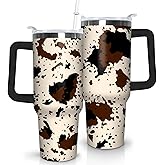 thmasamwr Cow Print Tumbler with Lid and Straw, Stainless Steel 40oz Tumbler with Handle, Cow Print Travel Coffee Mug Water Bottle, Highland Cow Gifts Cups for Women and Girls