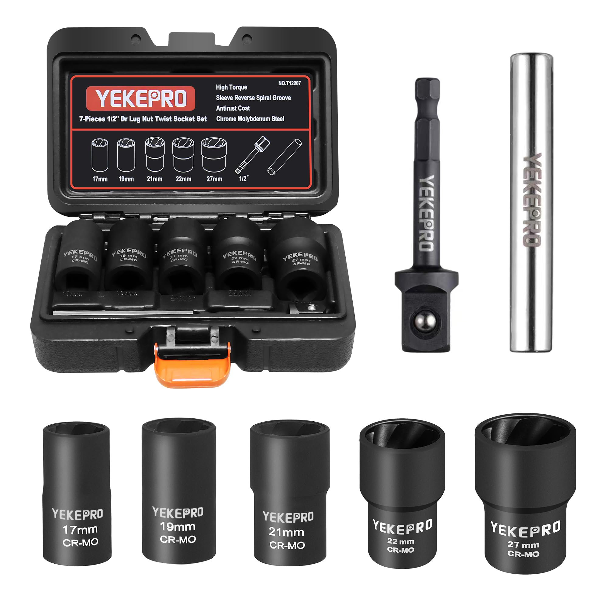 Photo 1 of YEKEPRO 7PCS Lug Nut Removal Tool, 1/2" Drive Impact Twist Lug Nut Removal Socket Set, Wheel Lock Removal Kit, Stripped For Damaged, Frozen, Studs, Rusted, Nuts & Screws, Cr-Mo Steel