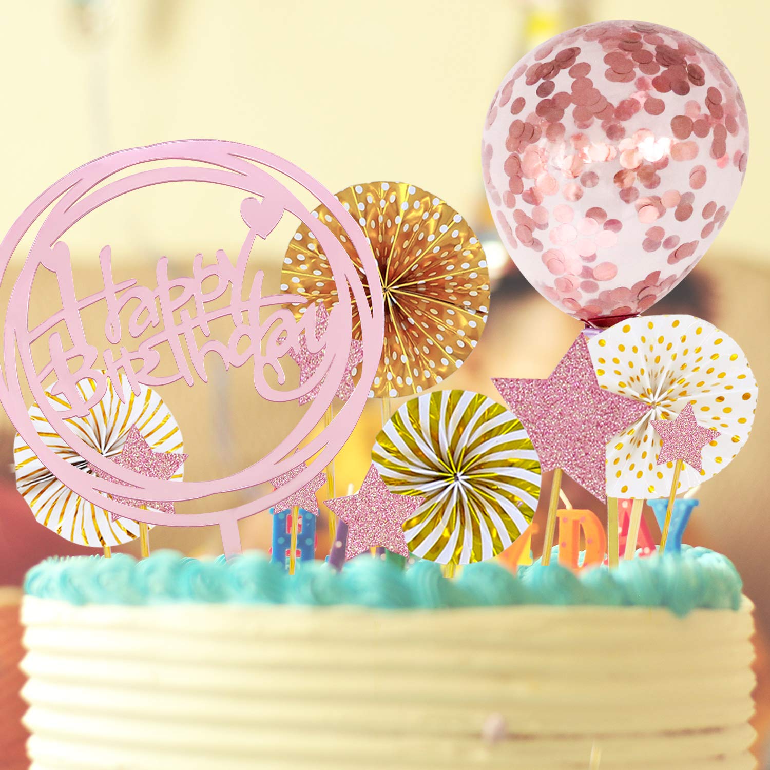 12 PCS Happy Birthday Cake Topper Set Rose Gold Acrylic Round Frame Cupcake Topper Paper Fans Confetti Balloon Birthday Cake Supplies Decorations for Birthday party Baby Shower