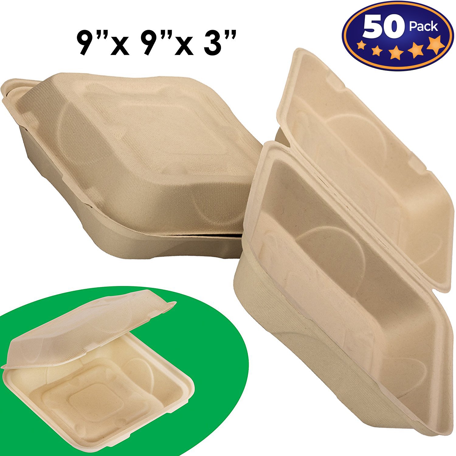 Biodegradable 9x9 Take Out Food Containers with Clamshell Hinged Lid 50