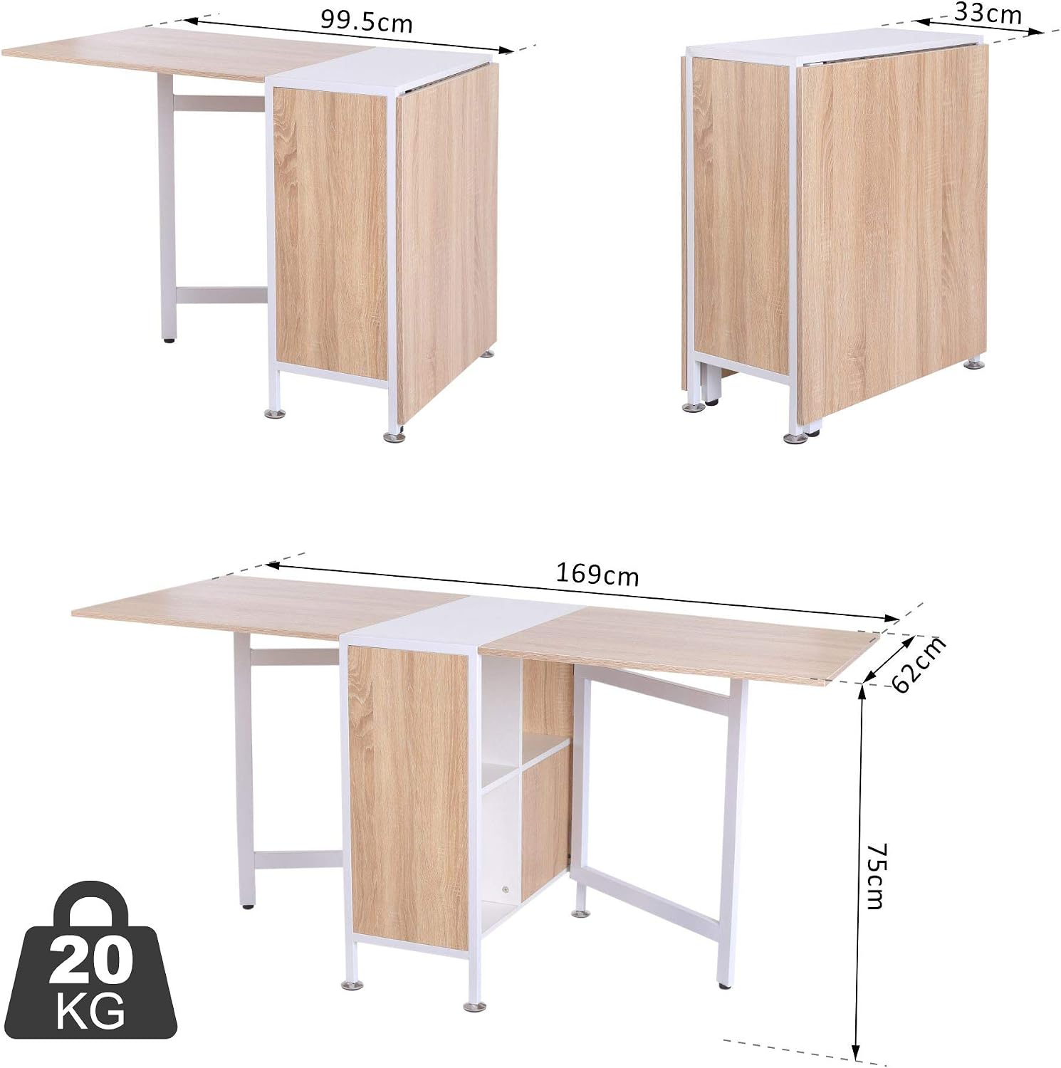 HOMCOM Foldable Drop Leaf Dining Table Folding Workstation for Small Space with Storage Shelves Cubes Oak & White - Image 3