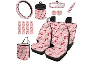 Dreaweet Pink Car Seat Covers Full Set for Women Cute Cherry Car Accessories with Steering Wheel Cover Seatbelt Covers Car Coasters Trash Bag Air Vent Storage Bag Rearview Mirror Cover Keychain,15 Pcs