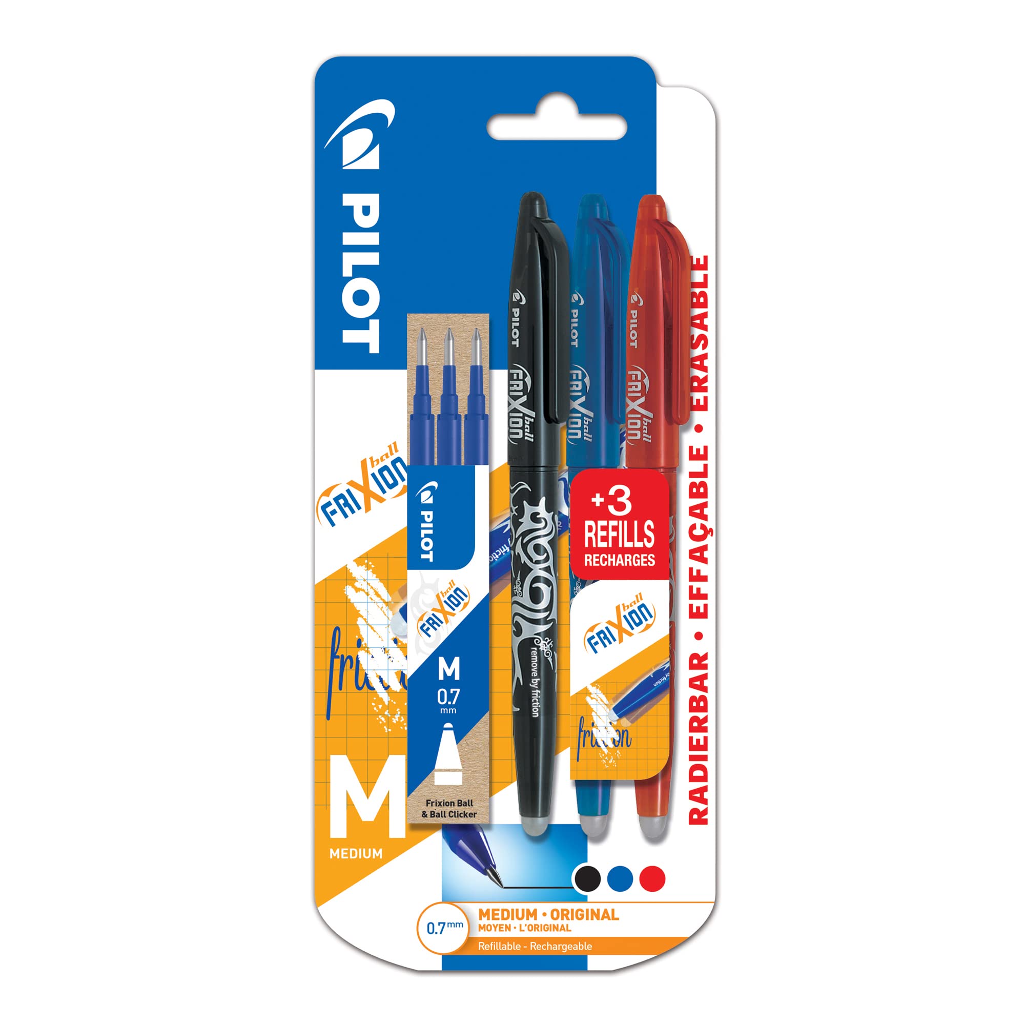 Pilot Frixion Ball - Erasable Gel Ink Pens - Blue Ink - Medium 0.7mm Nib - Blister Pack of 3 + 3 Refills