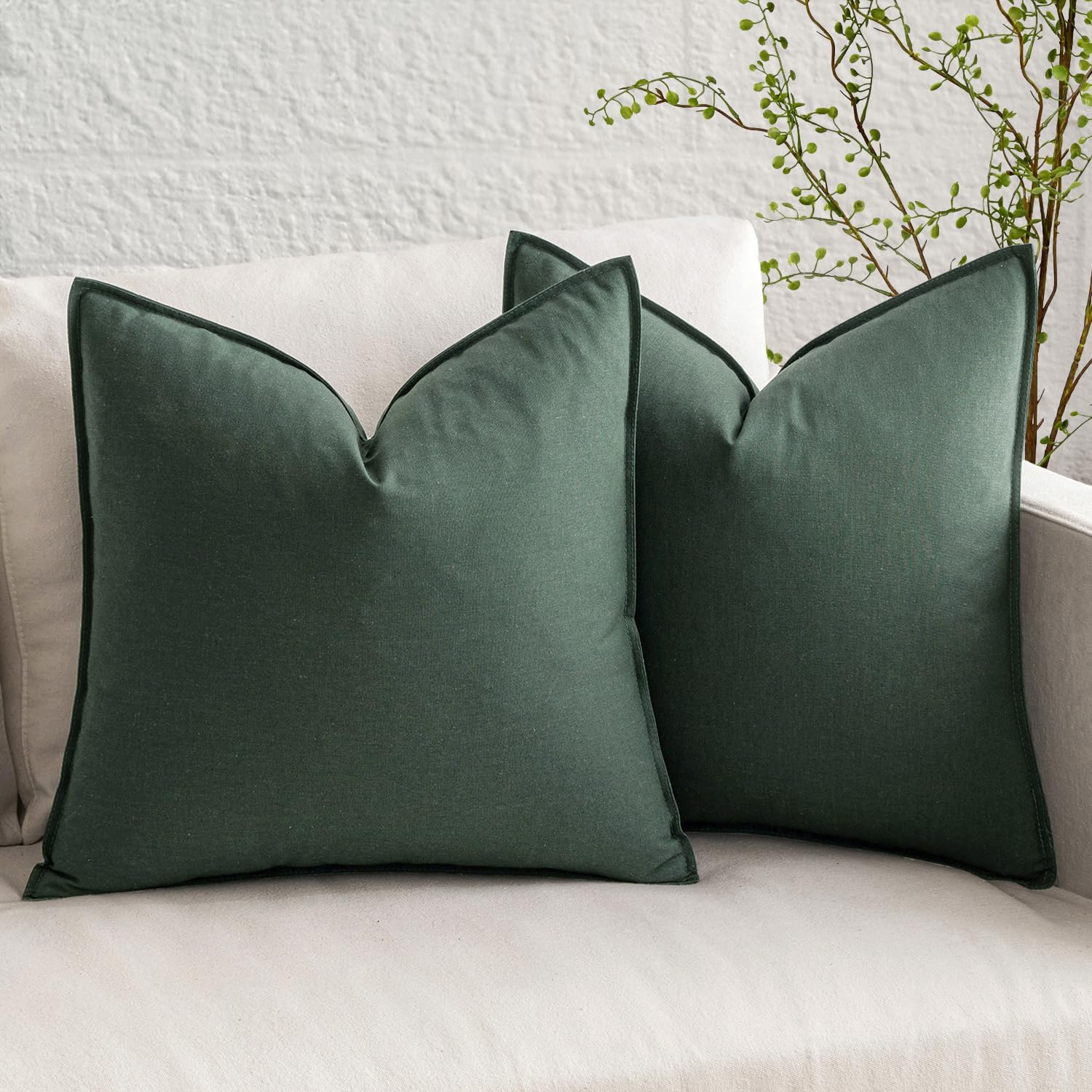 Photo 1 of MIULEE 26x26 Inch Pack of 2 Decorative Euro Shams Linen Pillow Covers Boho Farmhouse Modern Soft Accent Throw Pillows for Bed Neutral Cushion Covers Sofa Couch Living Room Home Decor, Dark Green