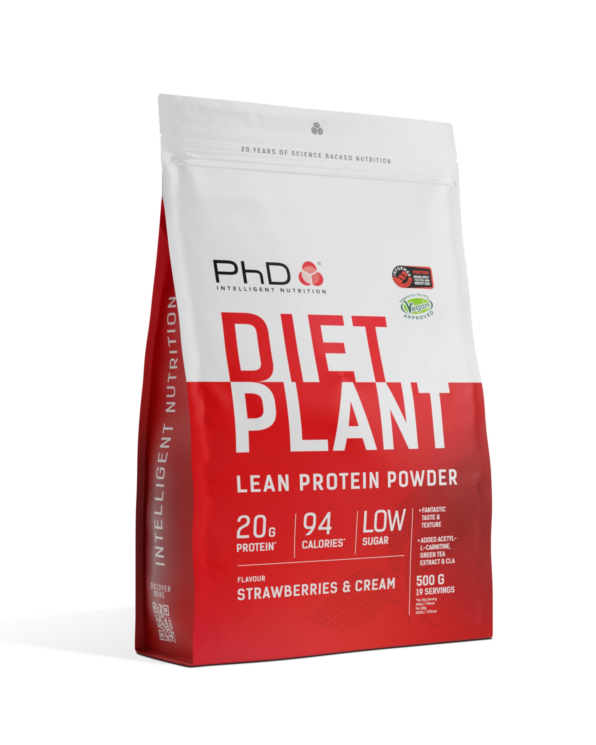 PhD Nutrition Diet Plant, Vegan Protein Powder Plant Based, Strawberries and Cream, High Plant Protein, 19 Servings Per 500g Bag