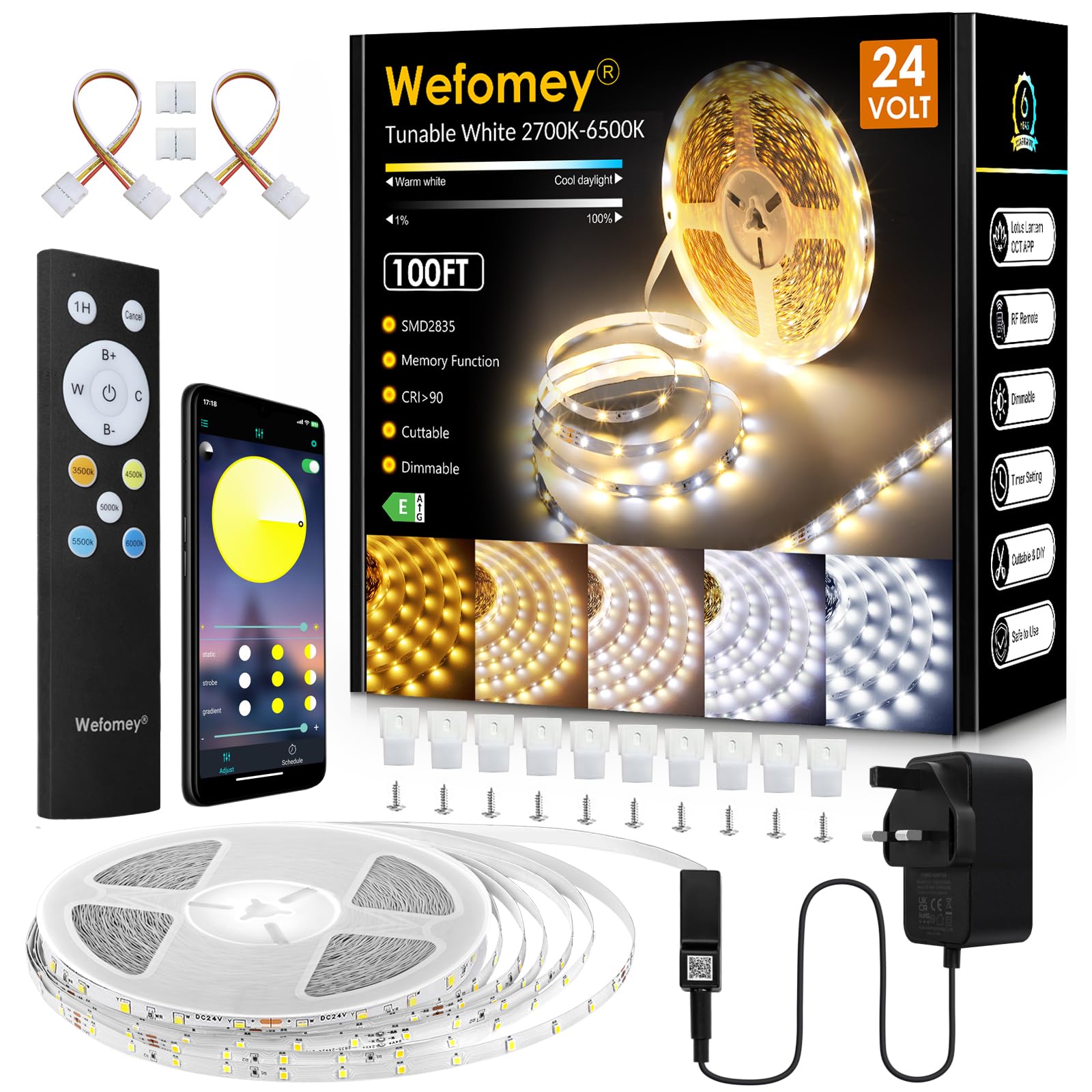 Wefomey White LED Strip Light, 30M Dimmable Bright 24V Led Tape Light with Remote and App Control, 2700K-6500K White 1440 LEDs Lights for Bedroom, Kitchen, Ceiling(1X30M)