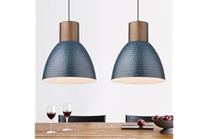 ELYONA 2 Pack Modern Hammered Pendant Lights 10.2” Blue Solid Wood Hanging Lamp, Adjustable Height, Industrial Metal Pendant Lighting for for Farmhouse, Kitchen Island, Dining Room,Bedroom,Bar,Office