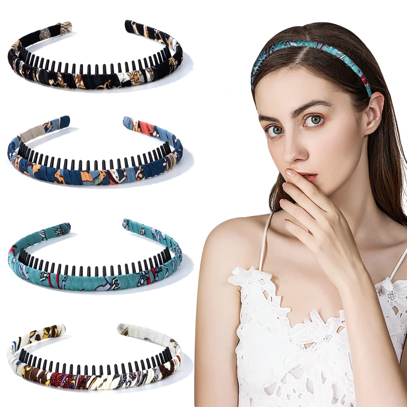 Headband with Teeth, Non-Slip Plastic Headbands with Satin Headwear, Hair Band Accessories for Girls and Women, Pack of 4
