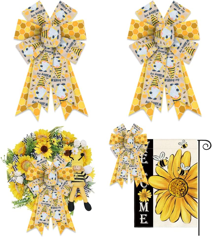 Bows & Ribbons - 2pcs Bumble Bee Day Wreath Bows Spring Dwarf Plaid Bow Yellow Black Strips Burlap Bows for Wreaths, Bee Ribbon Bows Tree Topper Bows for Bee Day Home Indoor Outdoor Decoration Wreath Ornament Supplies