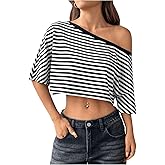 MakeMeChic Women's Striped Tee Shirt One Shoulder Asymmetrical Neck Half Sleeve Loose Summer Crop Tops