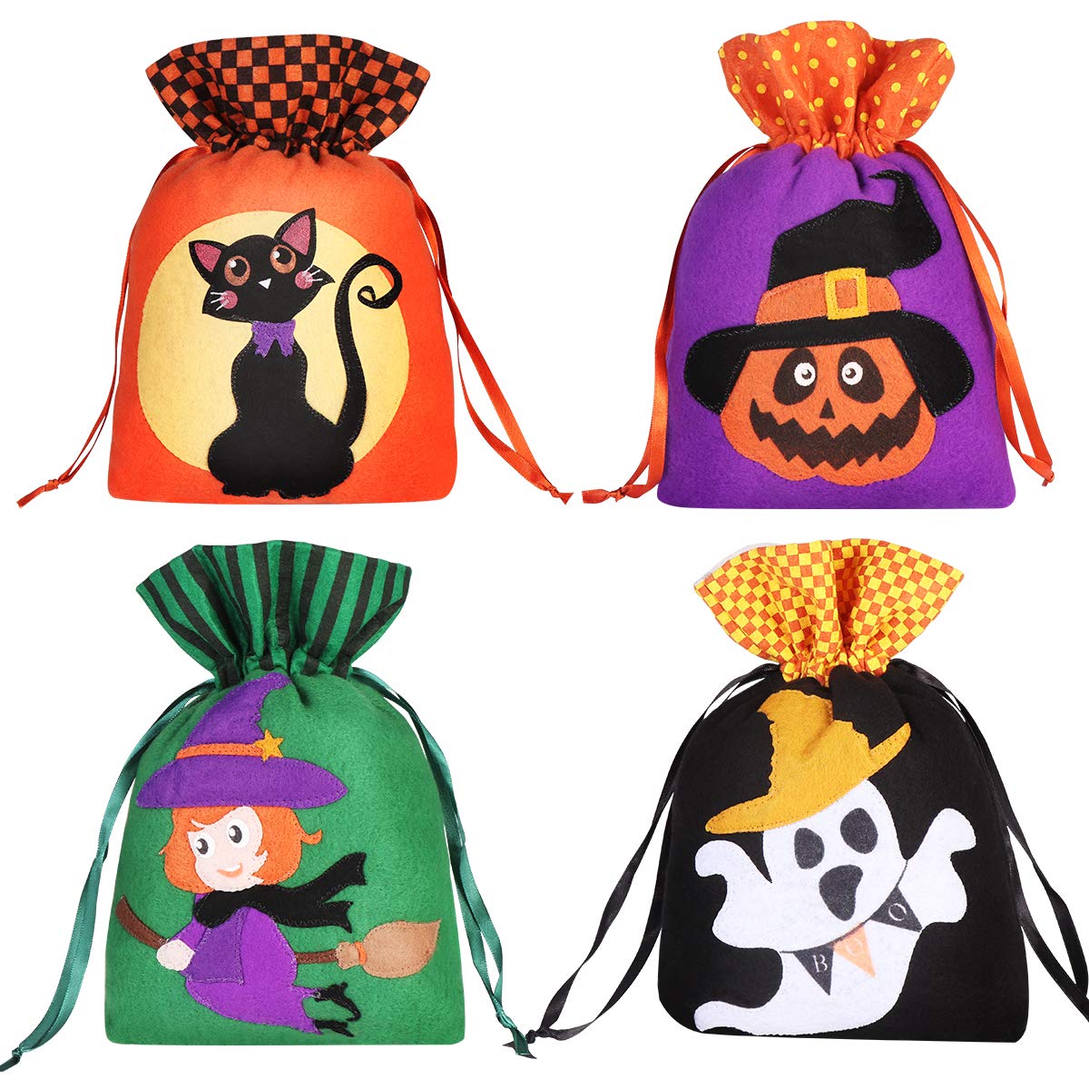 8PCS Halloween Candy Bags Treat Bags Drawstring Halloween Bags for Favors,Trick or Treat, Decorations,Cute Pumpkin, Ghost, Witch, Cat