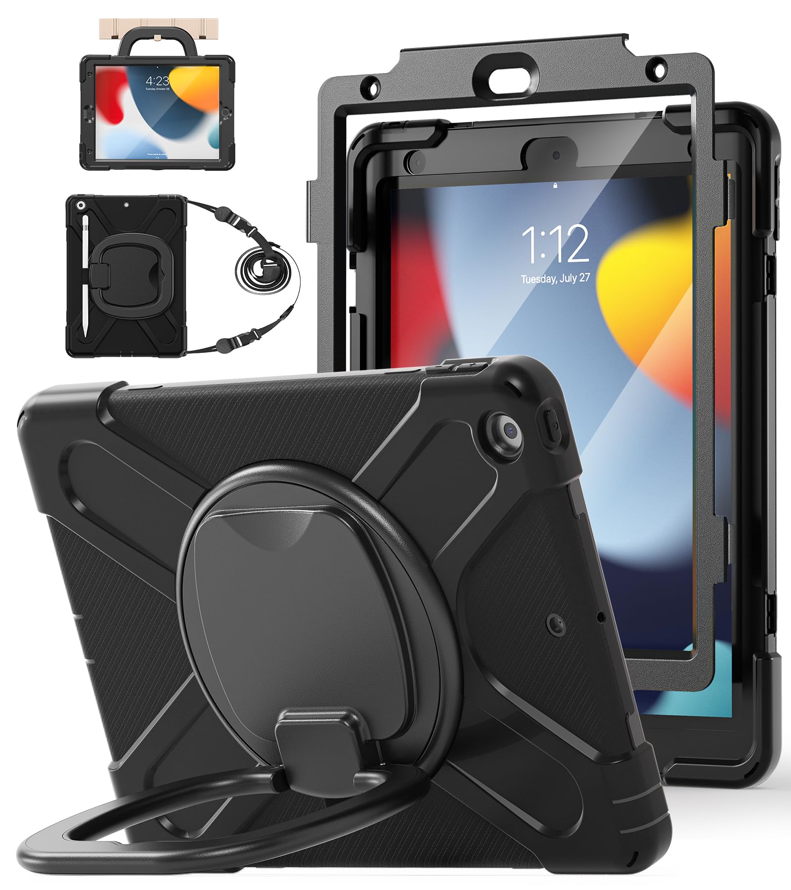 Photo 1 of BATYUE for iPad 9th/ 8th/ 7th Generation Case (iPad 10.2 inch Rugged Case 2021/2020/2019) with Screen Protector, Rotating Stand/Pencil Holder/Carrying Shoulder Strap (Black)