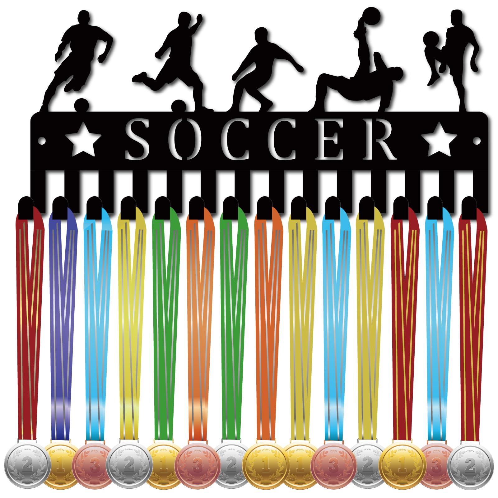 CREATCABIN Football Medal Holder Hanger Medal Display Rack Organizer Metal Small Shelf Soccer Medal Holders Stand Frame Decor Wall Mounted Hanging with 14 Hooks for Athlete Medalist Black 11.4 x 5Inch