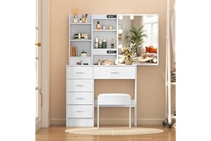 Caulitar Vanity Mirror with Lights Desk and Chair, 6 Drawers & 6 Storage Shelves Makeup Vanity Set with Stool, 3 Modes Adjustable Sliding Led Mirror, White Vanity for Bedroom,51.6''H