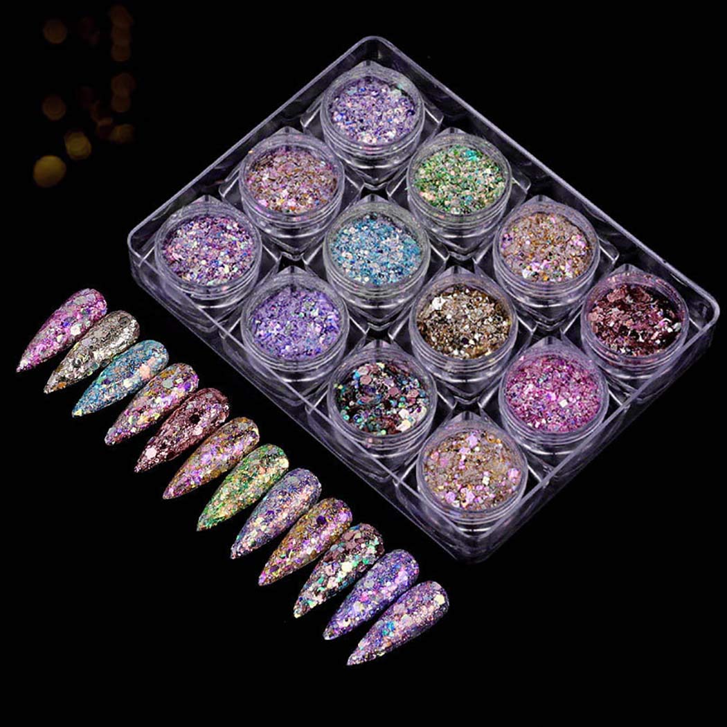Sethexy 12 Colors Holographic Glitter Salon Manicure Superfine Nails Sequins Mixed Iridescent Paillette for Nails Art (C)