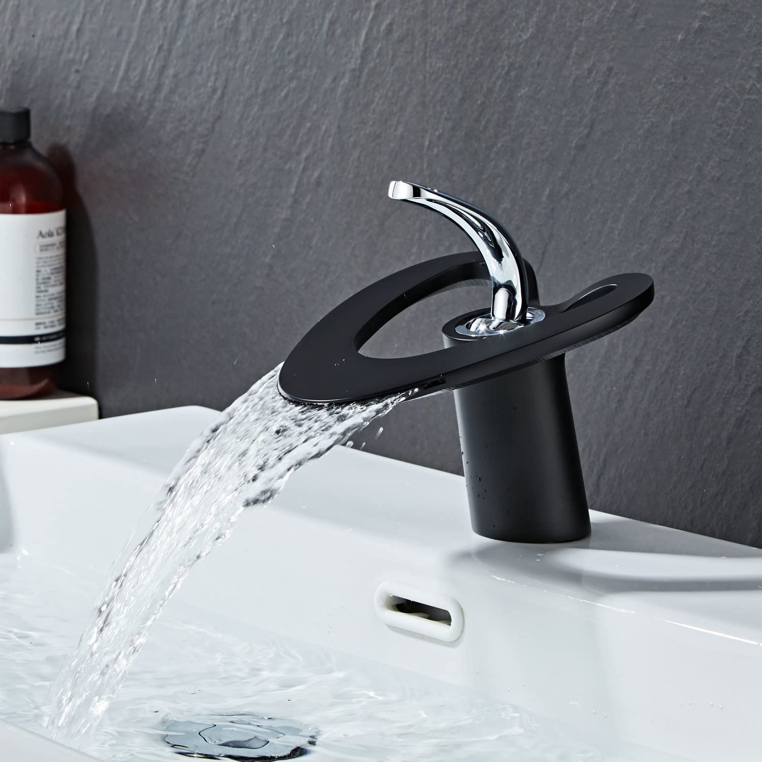 Waterfall Basin Taps Bathroom Mixer Sink Tap Black Single Lever Hot and Cold Mixer Monobloc Taps