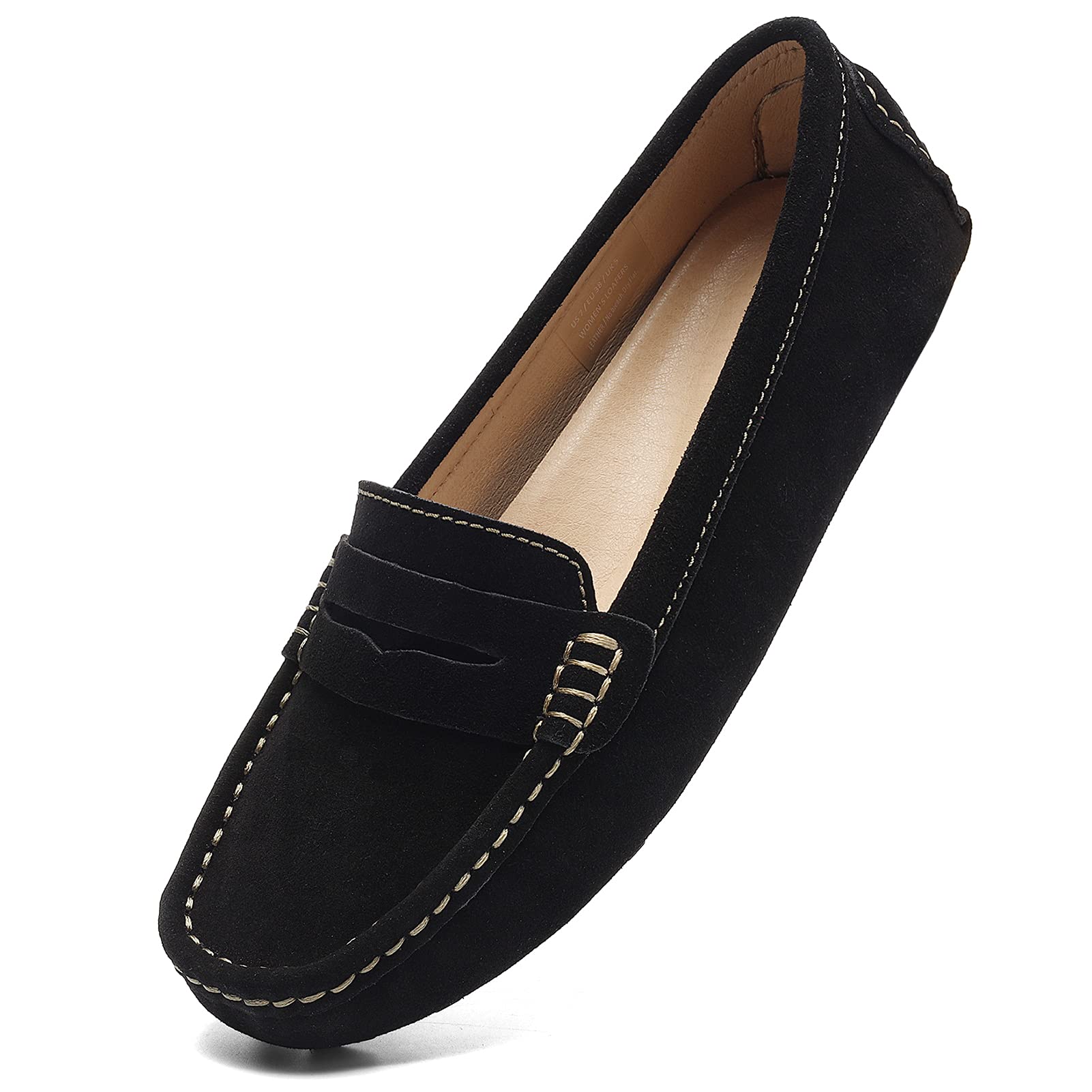 Photo 1 of Osslue Women's Black Suede Leather Casual Penny Loafers Retro Ladies Moccasins Driving Mocs Comfort Slip-On Fashion Boat Shoes Classic Flats 6.5 M US XYM-1208-HEI065