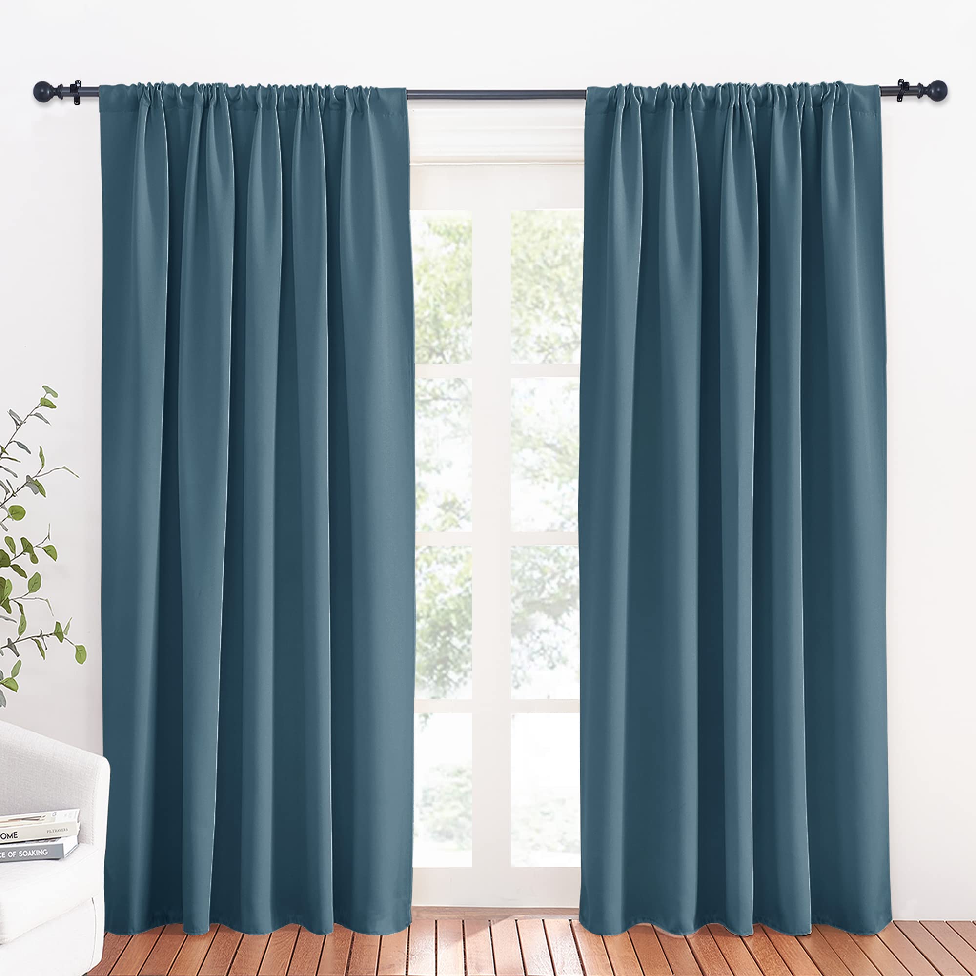 RYB HOME Blue Blackout Curtains for Living Room Thick & Durable Privacy Window Curtains Room Darkening Drapes for Bedroom, W70 x L84 inch, 2 Panels, Slate Blue Image