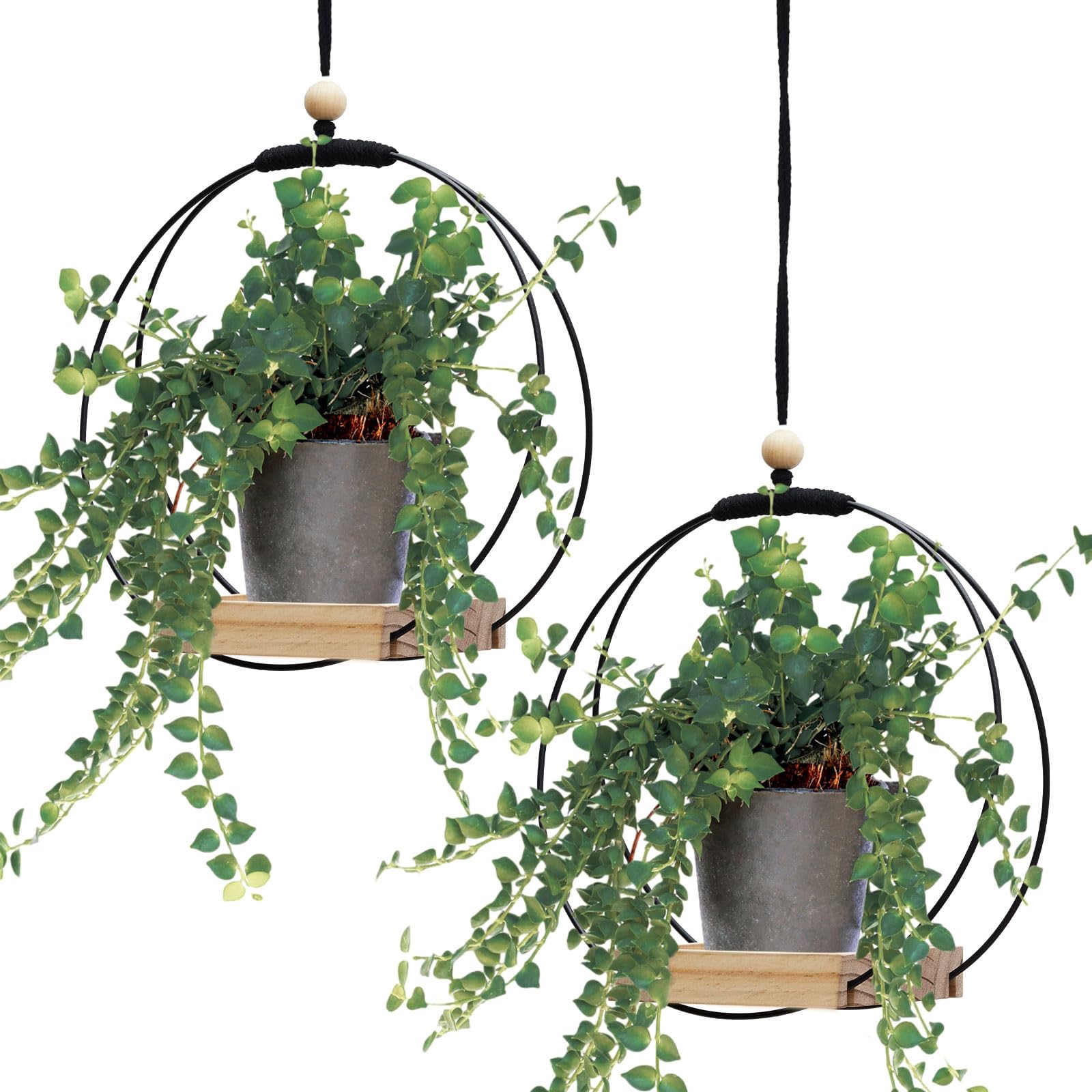 Photo 1 of Geelin 2 Pack Plant Hanger with Wood Base Hanging Window Planter Boho Macrame Hanging Plant Holders for Window Indoor Outdoor Room Ceiling Home Decorations(Black)