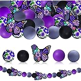 Purple Butterfly Decorative Focal Beads - Violet Floral Printed - 15mm Silicone Round Beads for DIY Jewelry, Beaded Pens, Keychains, Pendant Decorations, Crafts (60pcs)