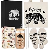 Teenyyou 4 Pcs Christmas Mama Bear Gift Set for Mom, Women Retirement Birthday Gifts Include 16 oz Ice Coffee Cup with Lid & Straw Socks Canvas Bag with Storage Box for Mother Daughter Wife Grandma