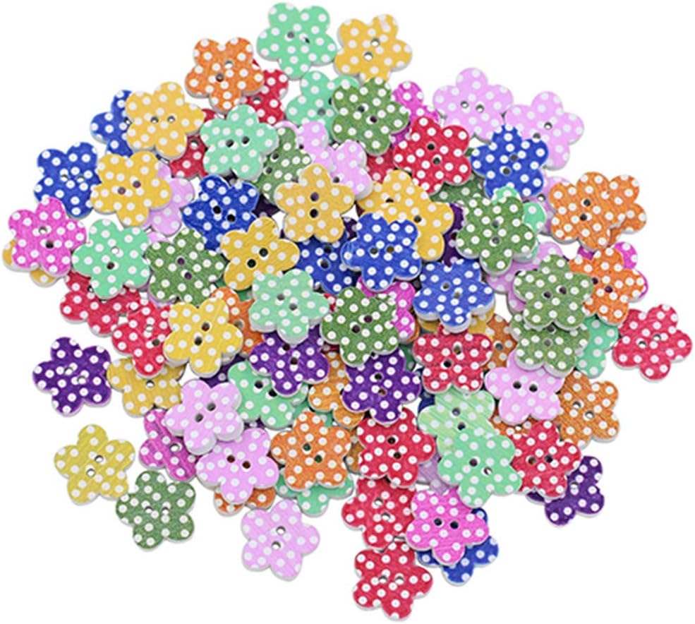 shyymaoyi 100pcs Cute Mixed Dots Flower Shape 2 Holes Wooden Buttons DIY Sewing Scrapbooking Decor 20 X 2mm