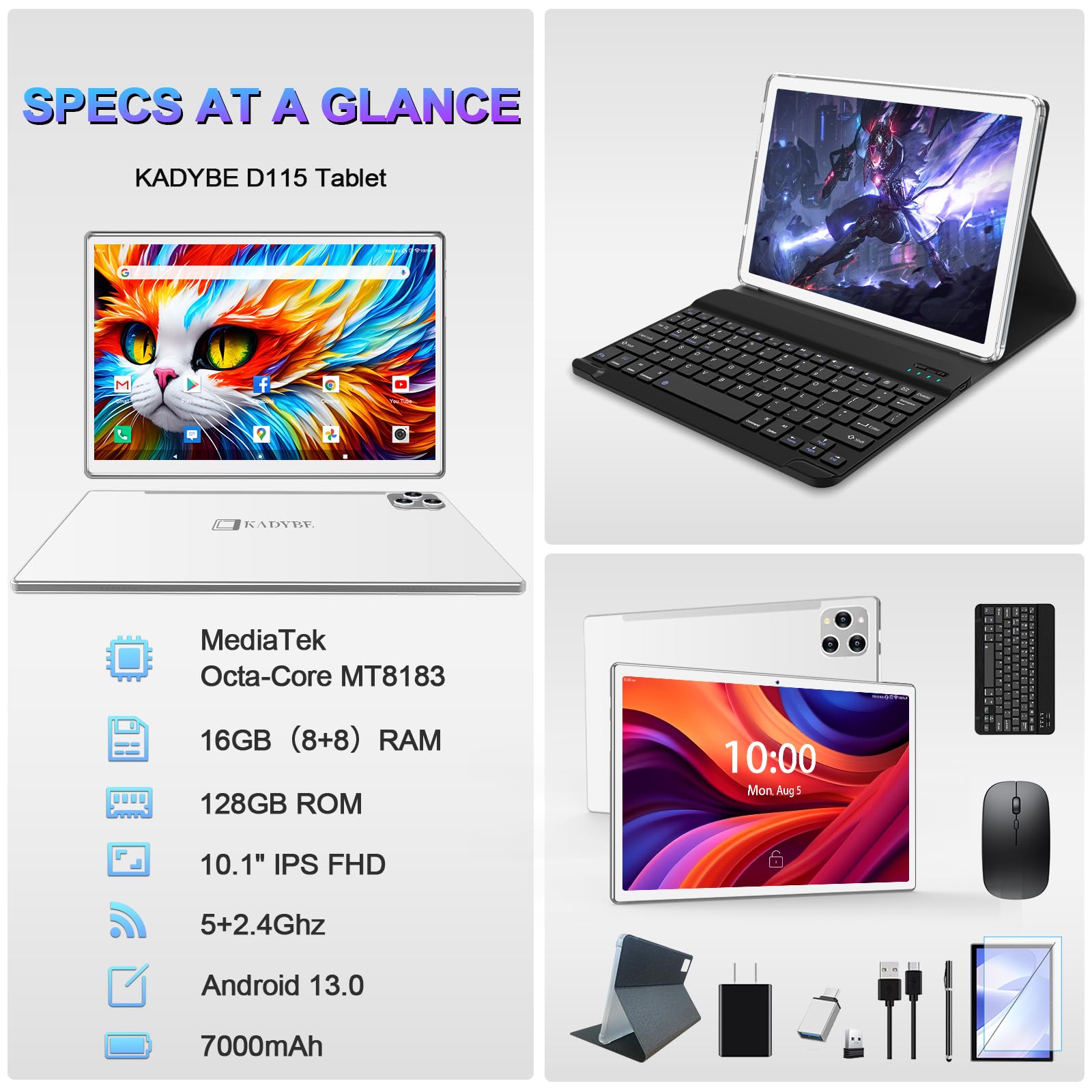 2025 Latest Tablet Android 13 Tablets 10 Inch, Tablets 128GB ROM+16GB RAM (8+8 Virtual), 2 In 1 Tablet with keyboard, Powerful Octa-Core+13MP Camera, 1TB TF Expandable, FHD IPS Display WiFi Tableta PC