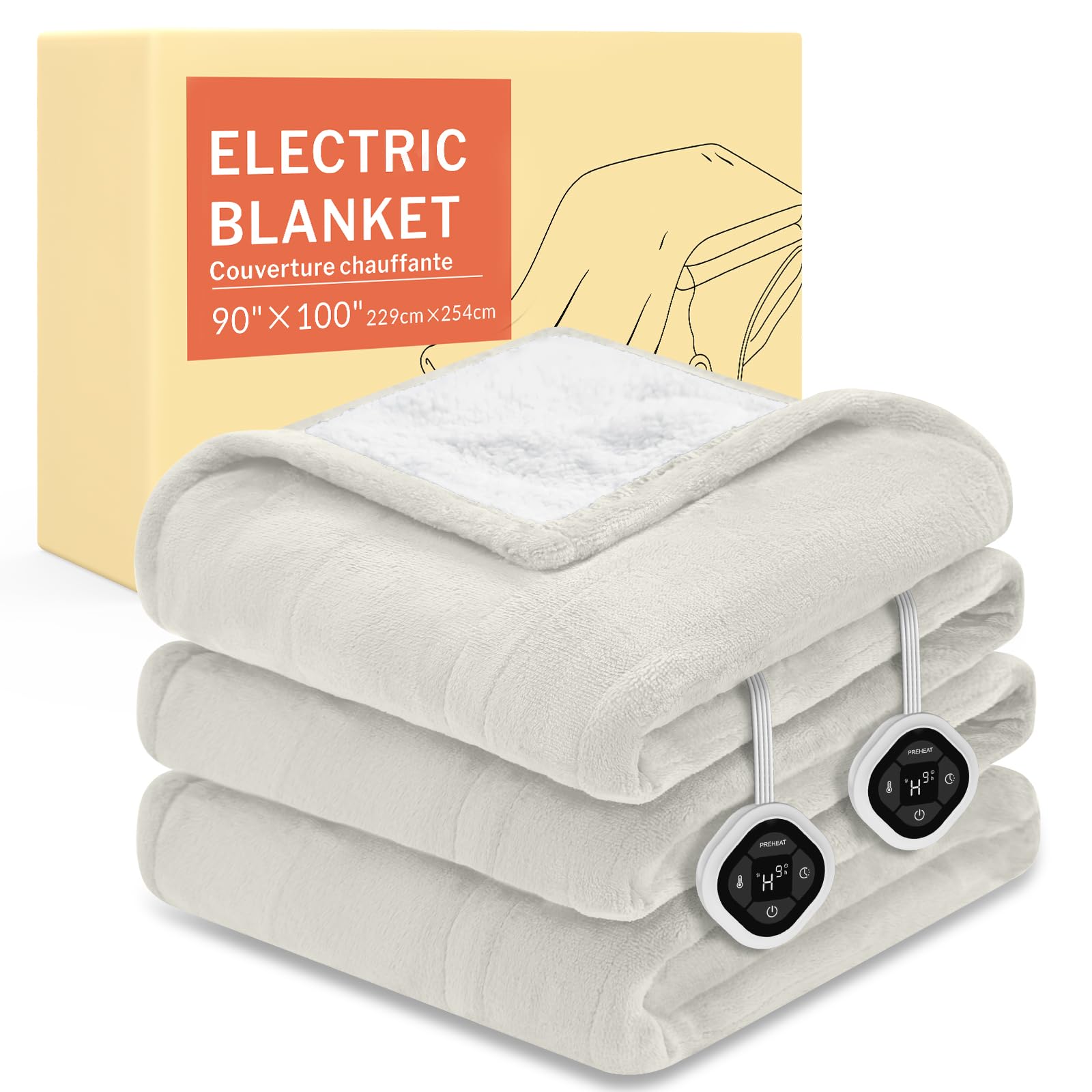 HOMLYNS LuxeHeat Heated Blanket Electric Blanket King Size, Soft Flannel Sherpa Heating Blanket with 10 Heat Settings, 1-10 hrs Timer Auto Shut Off (90x100 inches, Cream)