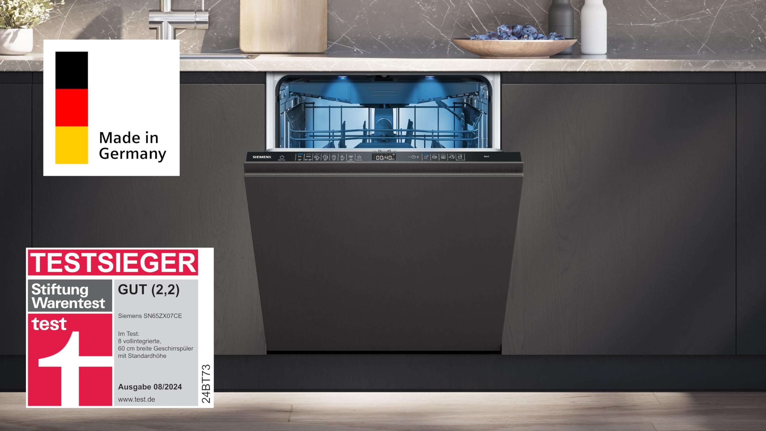 Siemens SN65ZX07CE, Stiftung Warentest Testsieger*, iQ500 Smarter Geschirrspüler Vollintegriert, 60 cm breit, Besteckschublade, Made in Germany, Zeolith Trocknung, extra leise, varioSpeed Programm 3
