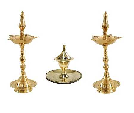 KRIWIN 2 Kerela Deepak Set | Brass Diya Stand (H-15 cms Each) with 5 Hole Agardan