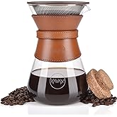 Pour Over Coffee Maker Set with Double-Layer Stainless Steel Filter, Coffee Dripper, Cork Lid and Leather Collar Holder - High Heat Resistance Borosilicate Glass Carafe, Great Gift Idea (37 oz)