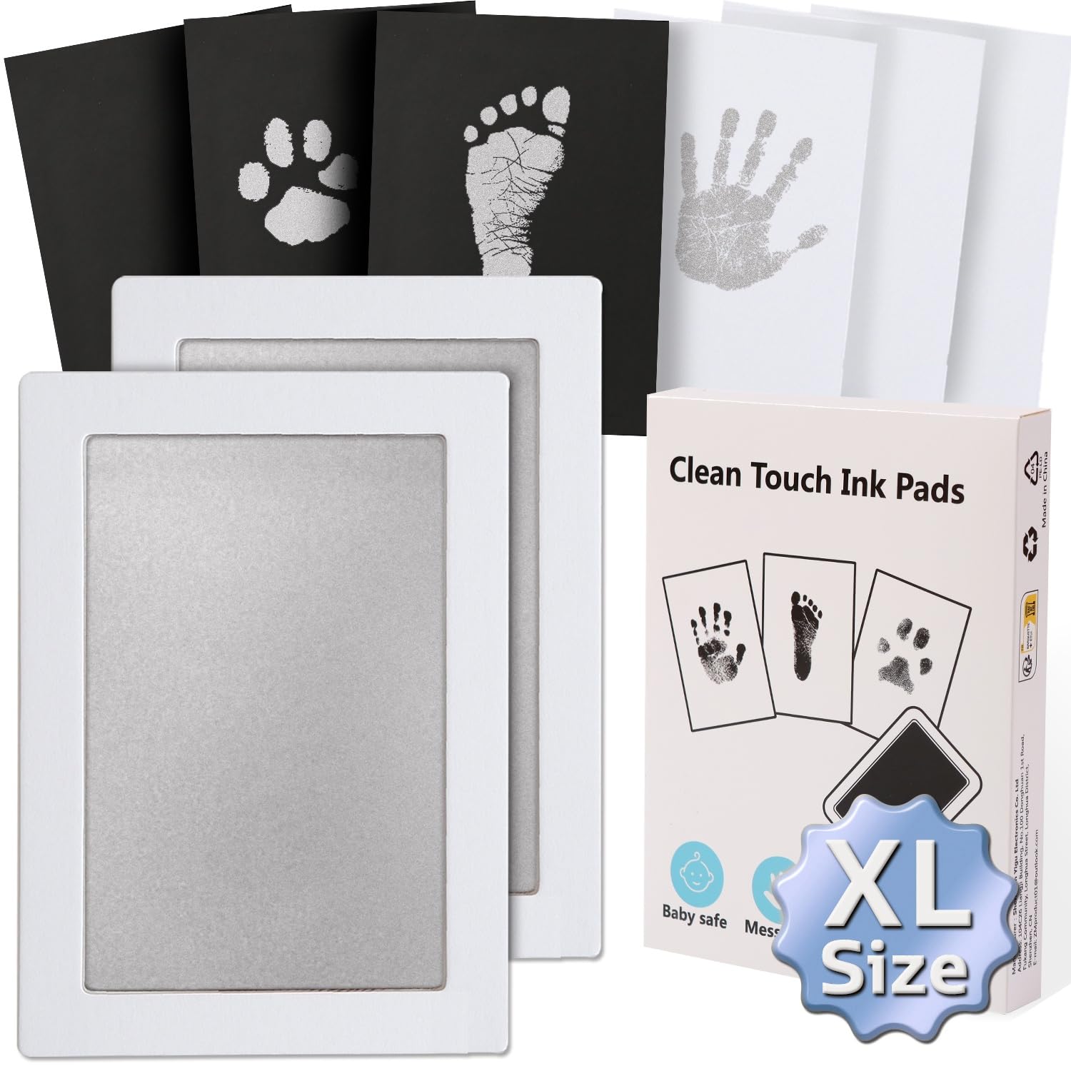 Zemiu Baby Handprint and Footprint XL Size Kit,2 Pcs Baby Handprint Ink Pads with Clean-Touch & 6 Imprint Cards Safe for Baby, Family Keepsake, Pet Paw-Silver