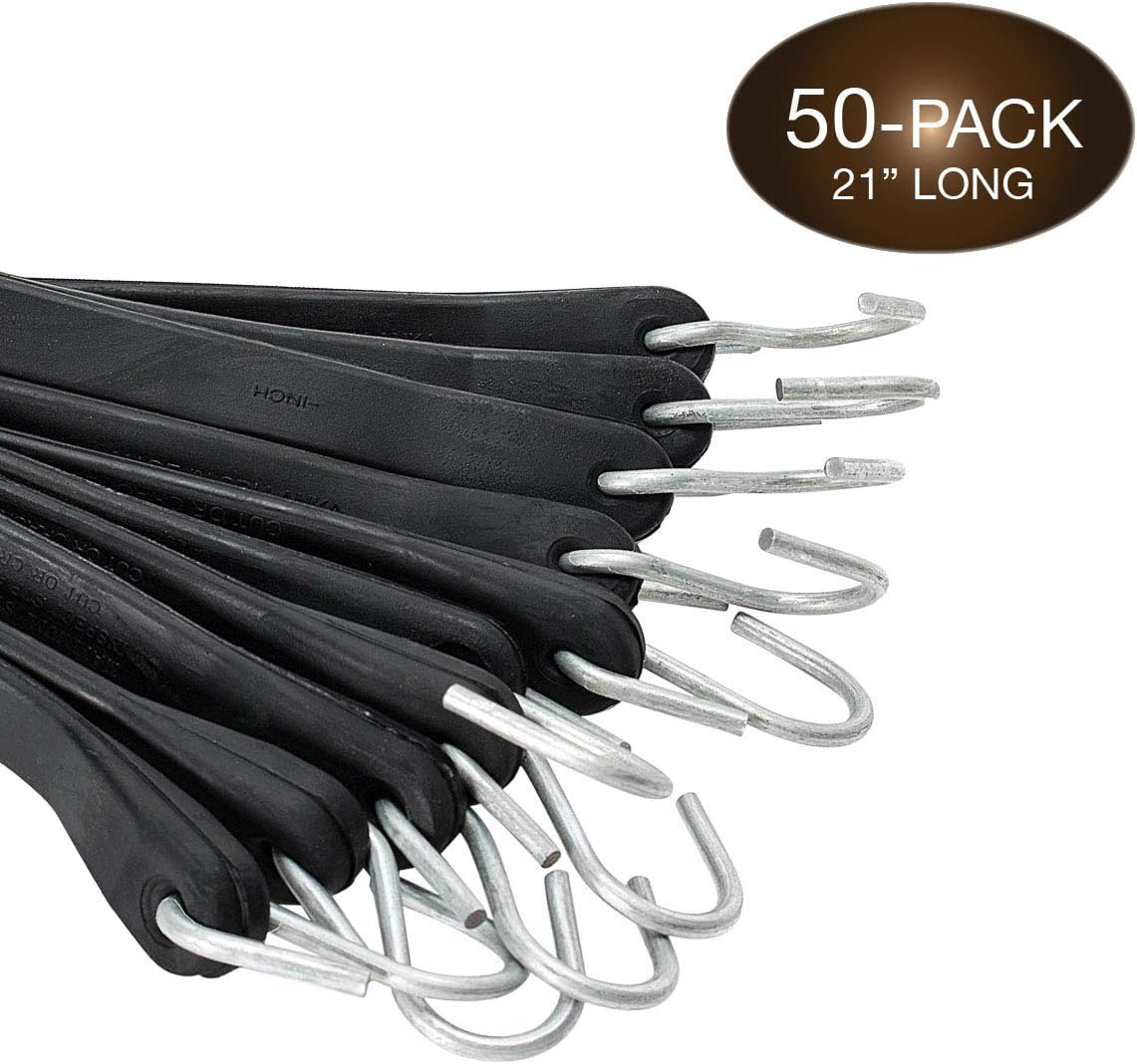 50 Tarp Straps for Flatbed Trailers, 21" Long Natural Rubber Bungee Cord Tie-Downs Ideal for Securing Tarps, Canvases, Cargo in Cold Climates | Tie-Downs w/Metal S-Hooks - - 