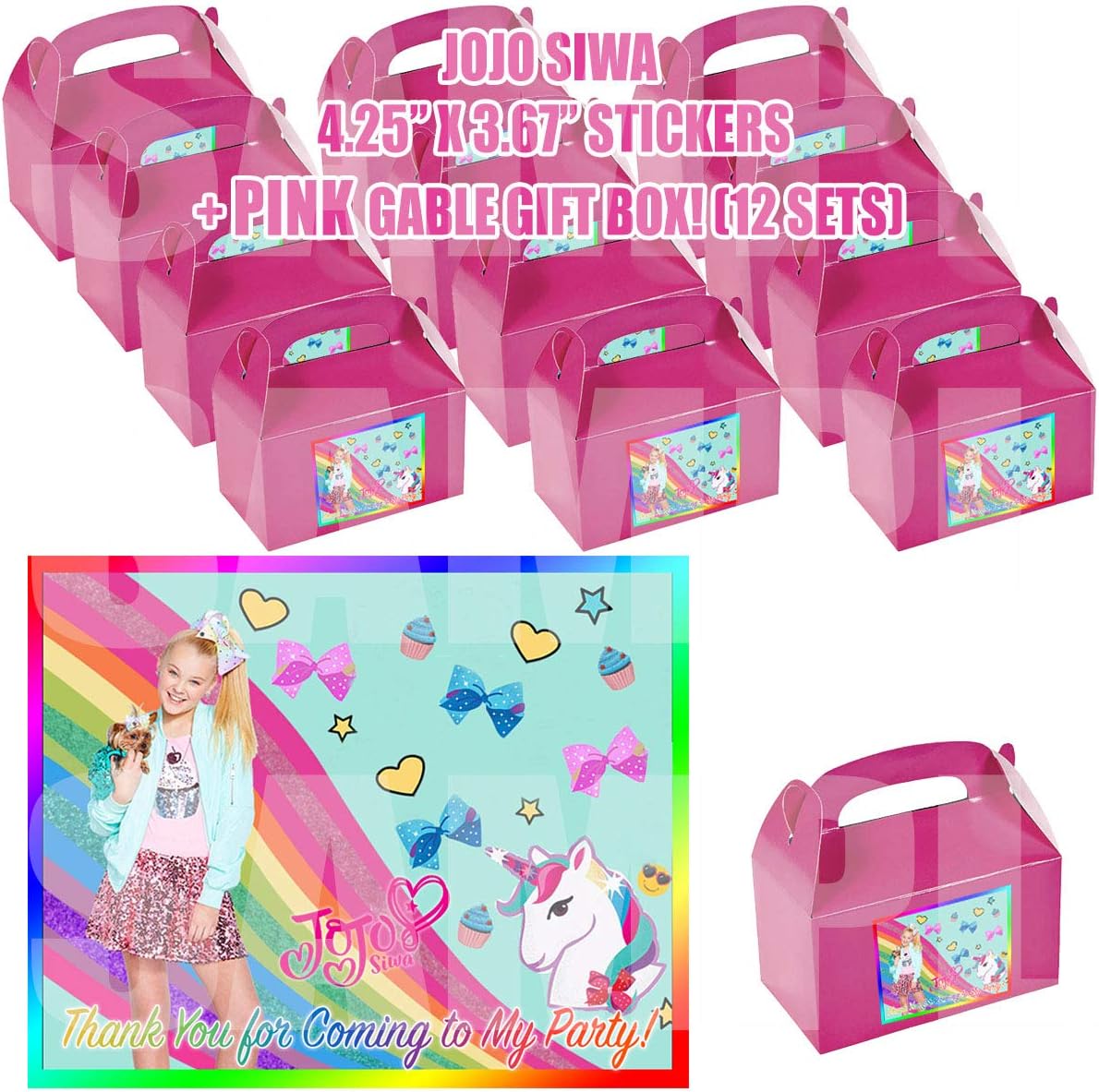 Another Dream JoJo Siwa MEGA Party Favor Boxes with Thank You Decals Stickers Loots Hot Pink Birthday Simba 12 Pieces Great Seller